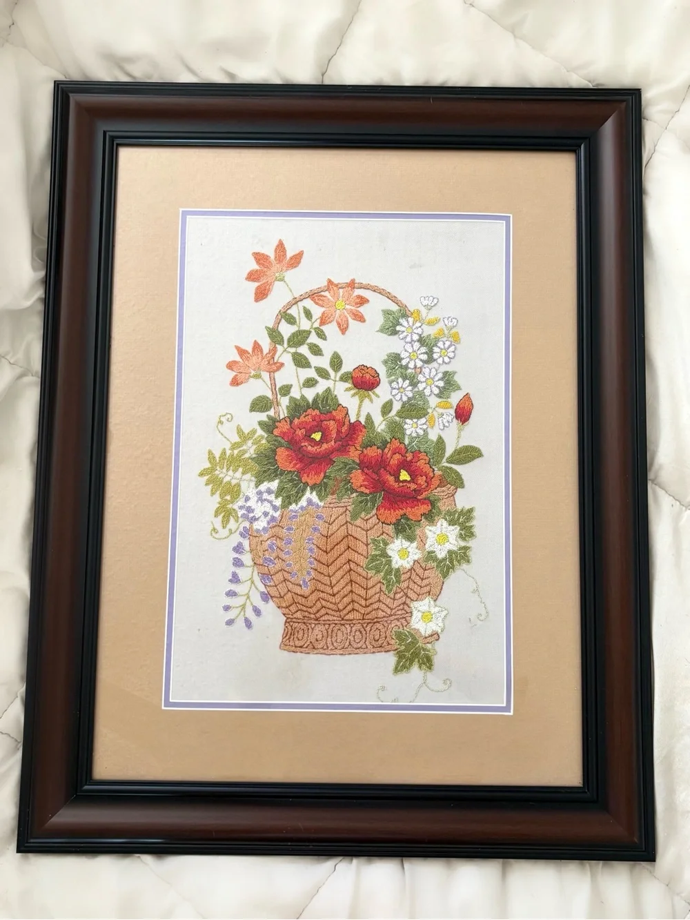 Vintage needlepoint embroidered floral basket framed custom art large home wall